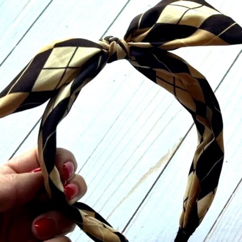 Twee Mod Wired Bow Headband • Vintage Mod Brown Tan Argyle Plaid • Blair Waldorf - Picture 2 of 4